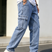 Men's Loose-Fit Straight-Leg Cargo Jeans – Casual, Versatile Style with Pocket Details-H401