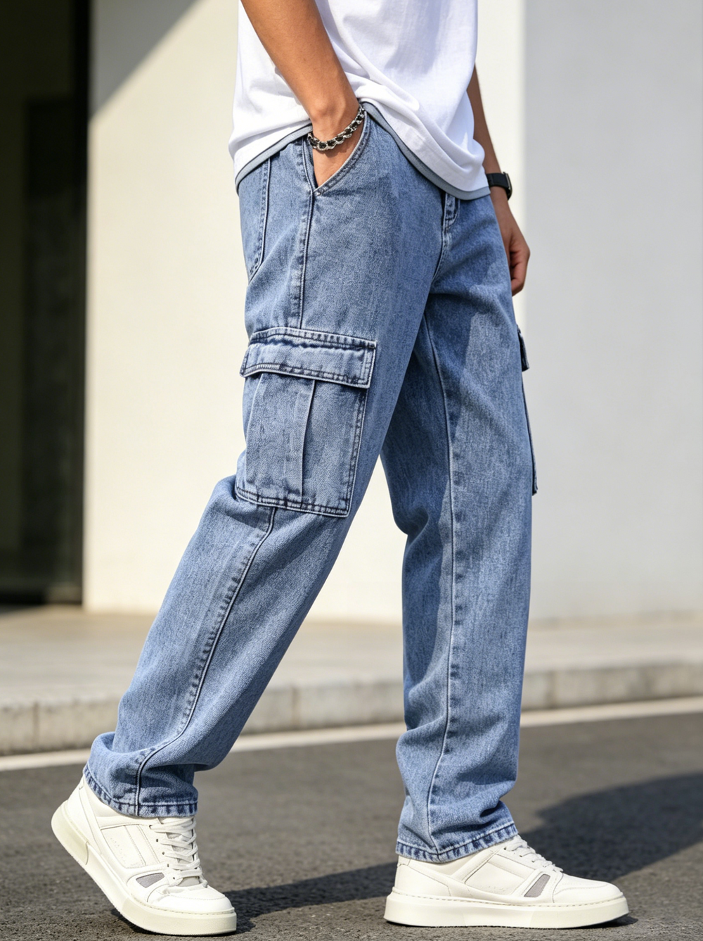 Men's Loose-Fit Straight-Leg Cargo Jeans – Casual, Versatile Style with Pocket Details-H401