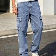 Men's Loose-Fit Straight-Leg Cargo Jeans – Casual, Versatile Style with Pocket Details-H401