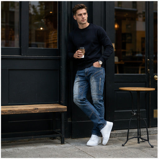 H019 men's jeans full-body lifestyle look 4
