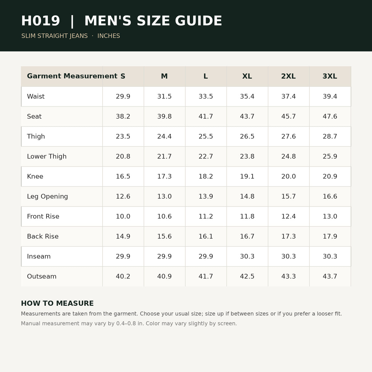 H019 men's jeans size chart in inches