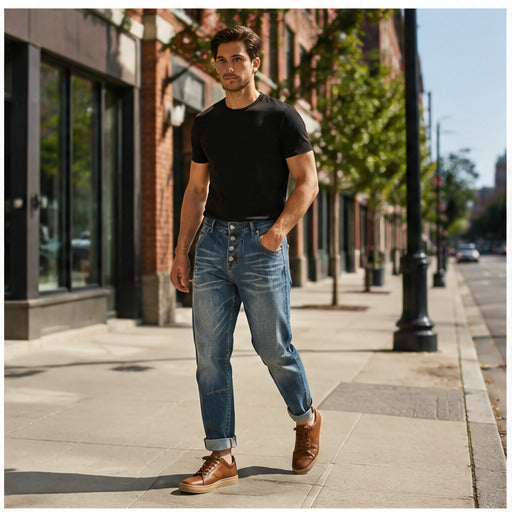 H020 men's jeans full-body lifestyle look 2