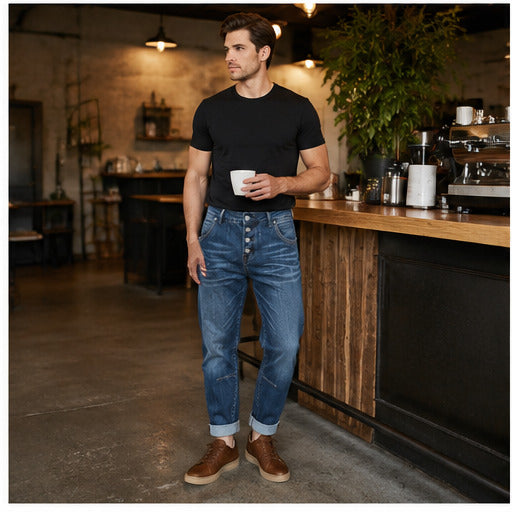 H020 men's jeans full-body lifestyle look 4