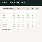 H020 men's jeans size chart in inches