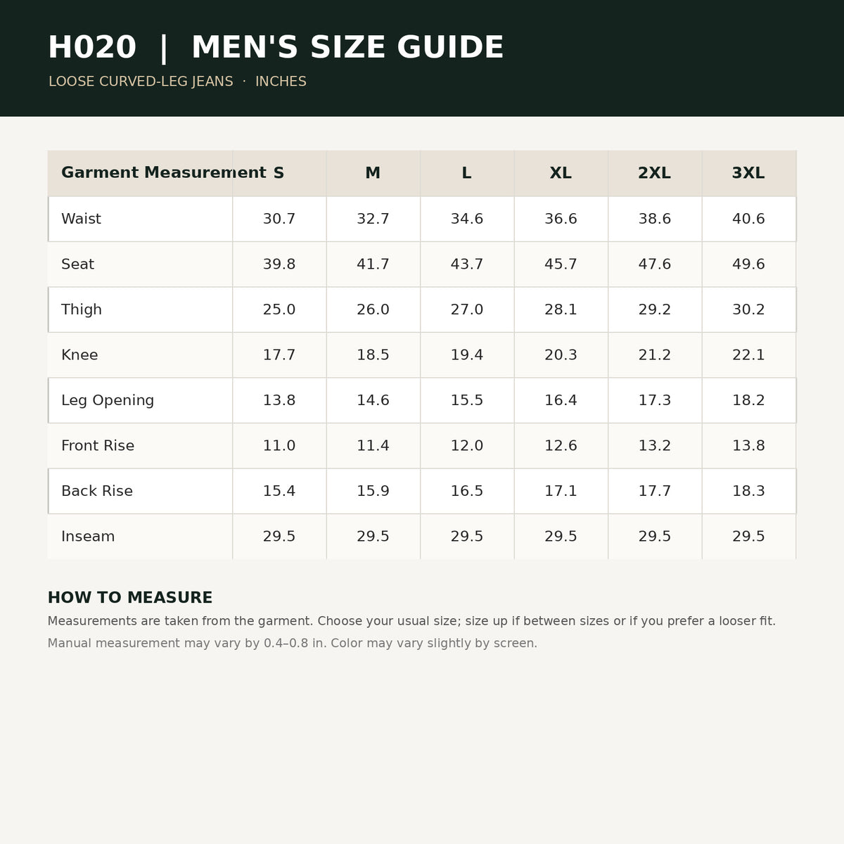 H020 men's jeans size chart in inches
