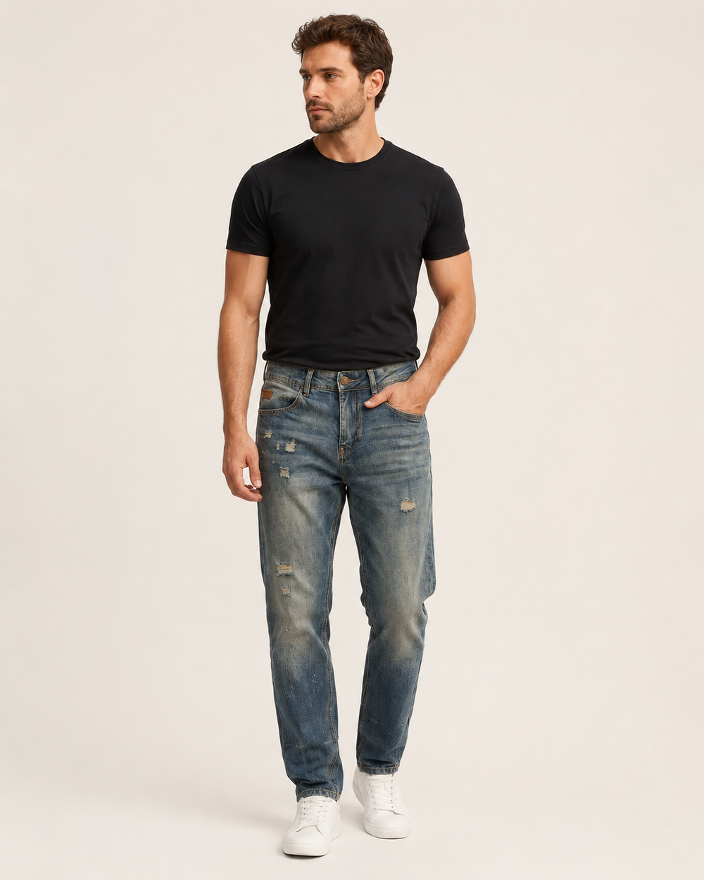 Men's vintage distressed relaxed straight leg jeans H264 view 1