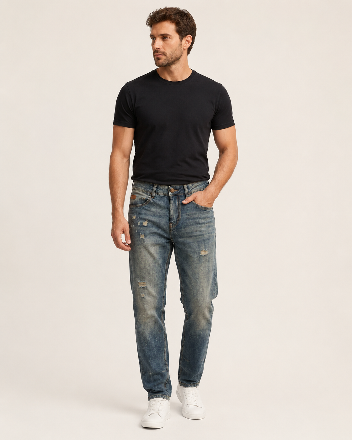 Men's vintage distressed relaxed straight leg jeans H264 view 1