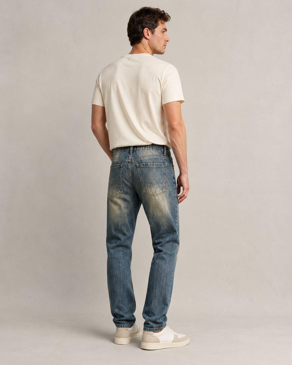 Men's vintage distressed relaxed straight leg jeans H264 view 2