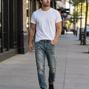 Men's vintage distressed relaxed straight leg jeans H264 view 3