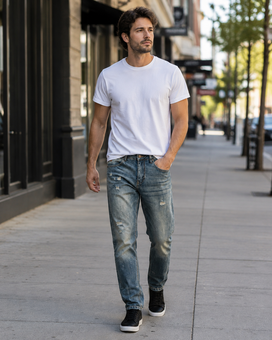 Men's vintage distressed relaxed straight leg jeans H264 view 3