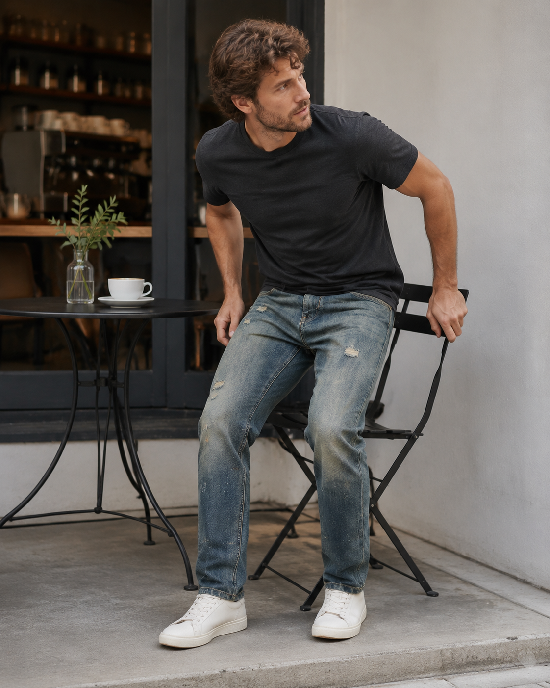 Men's vintage distressed relaxed straight leg jeans H264 view 5