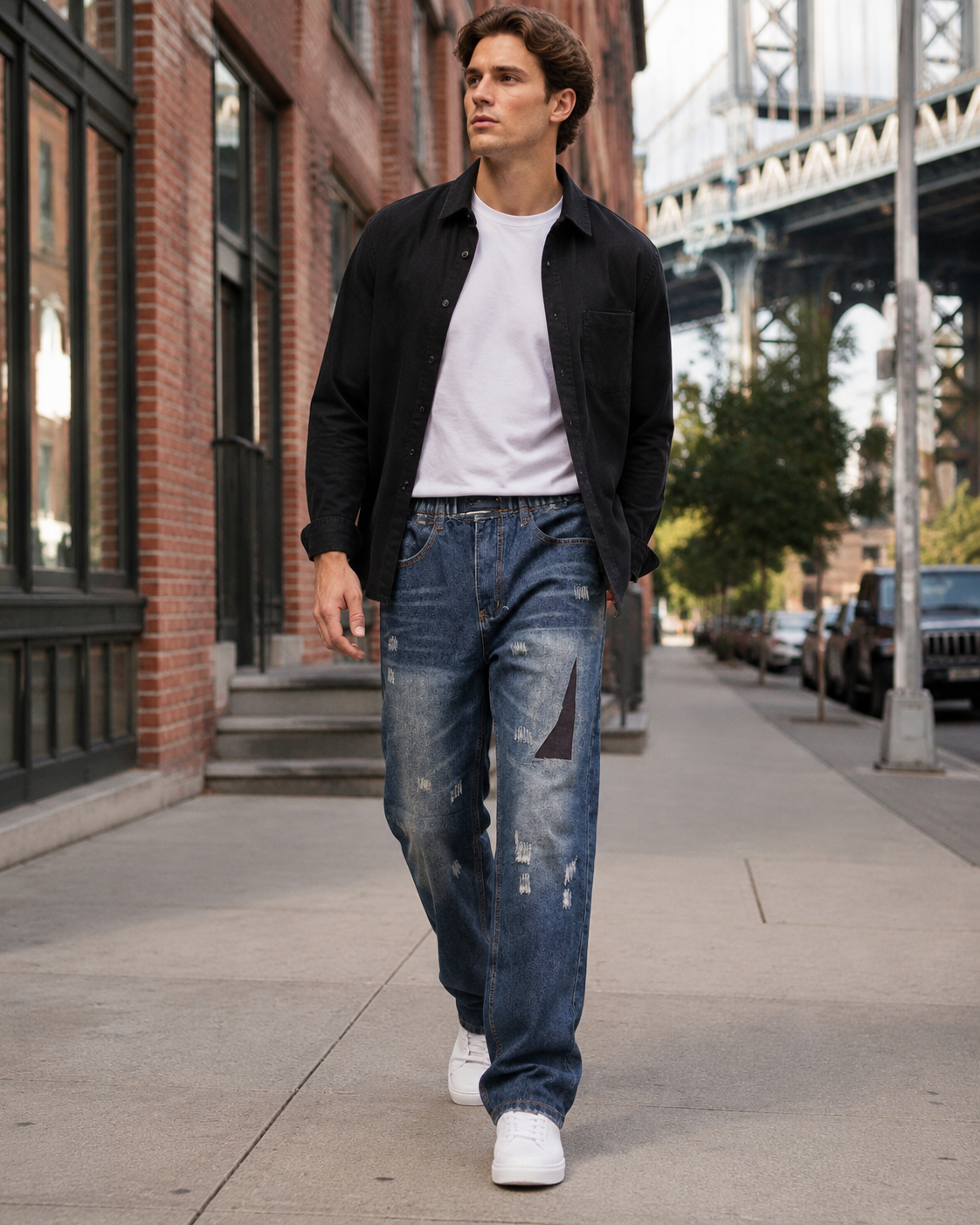 Men's patchwork distressed elastic waist jeans H276 view 3