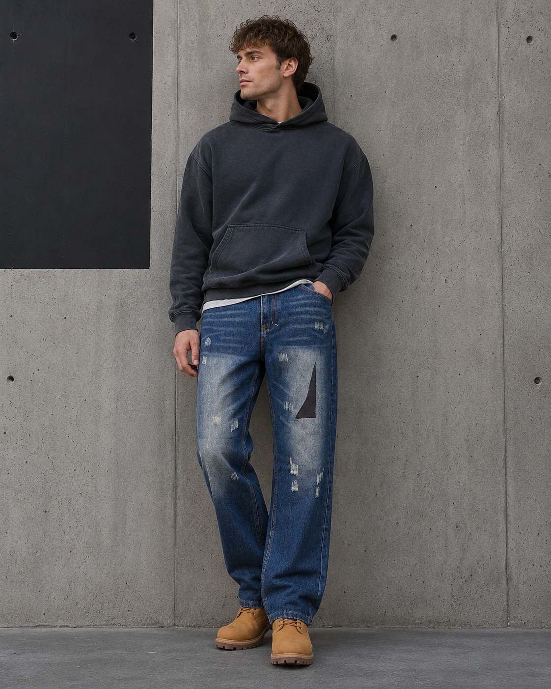 Men's patchwork distressed elastic waist jeans H276 view 4