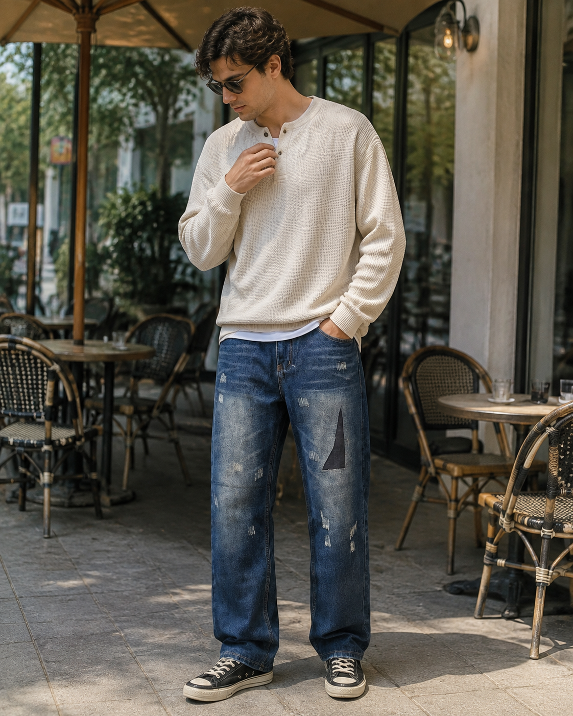 Men's patchwork distressed elastic waist jeans H276 view 5