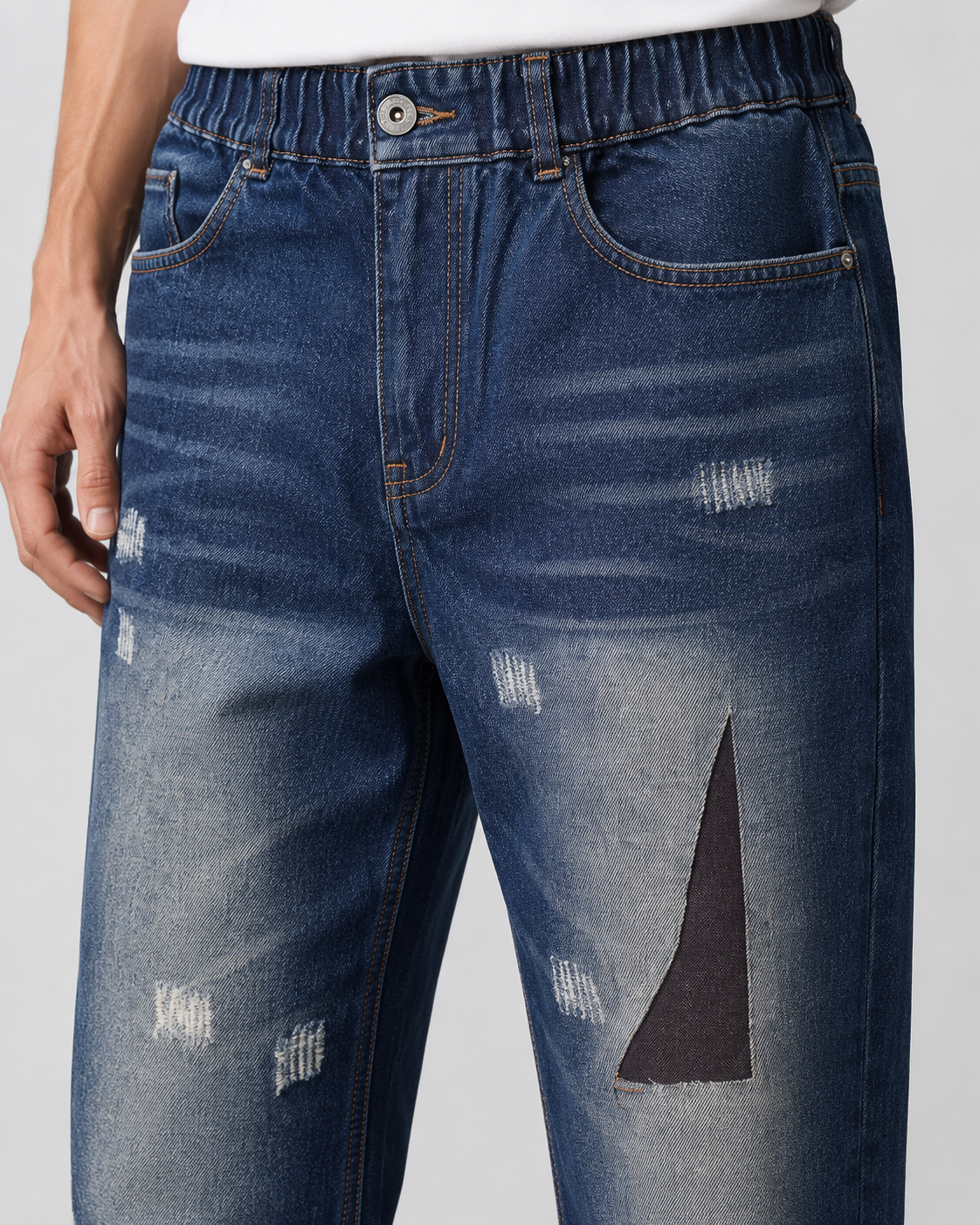 Men's patchwork distressed elastic waist jeans H276 view 7
