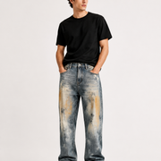 Men's vintage washed baggy straight leg jeans H277 view 1