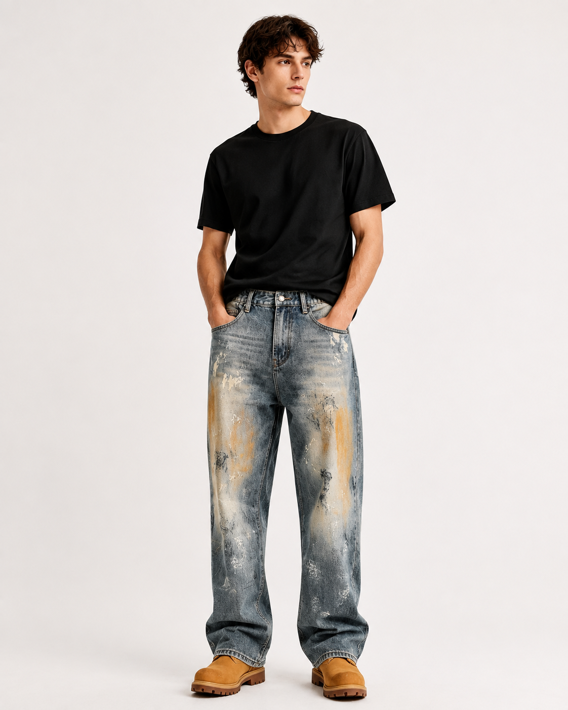 Men's vintage washed baggy straight leg jeans H277 view 1