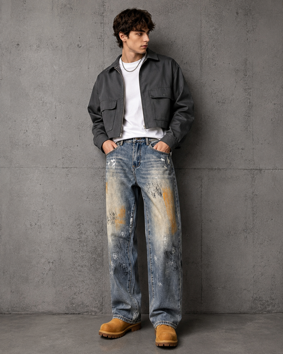 Men's vintage washed baggy straight leg jeans H277 view 4