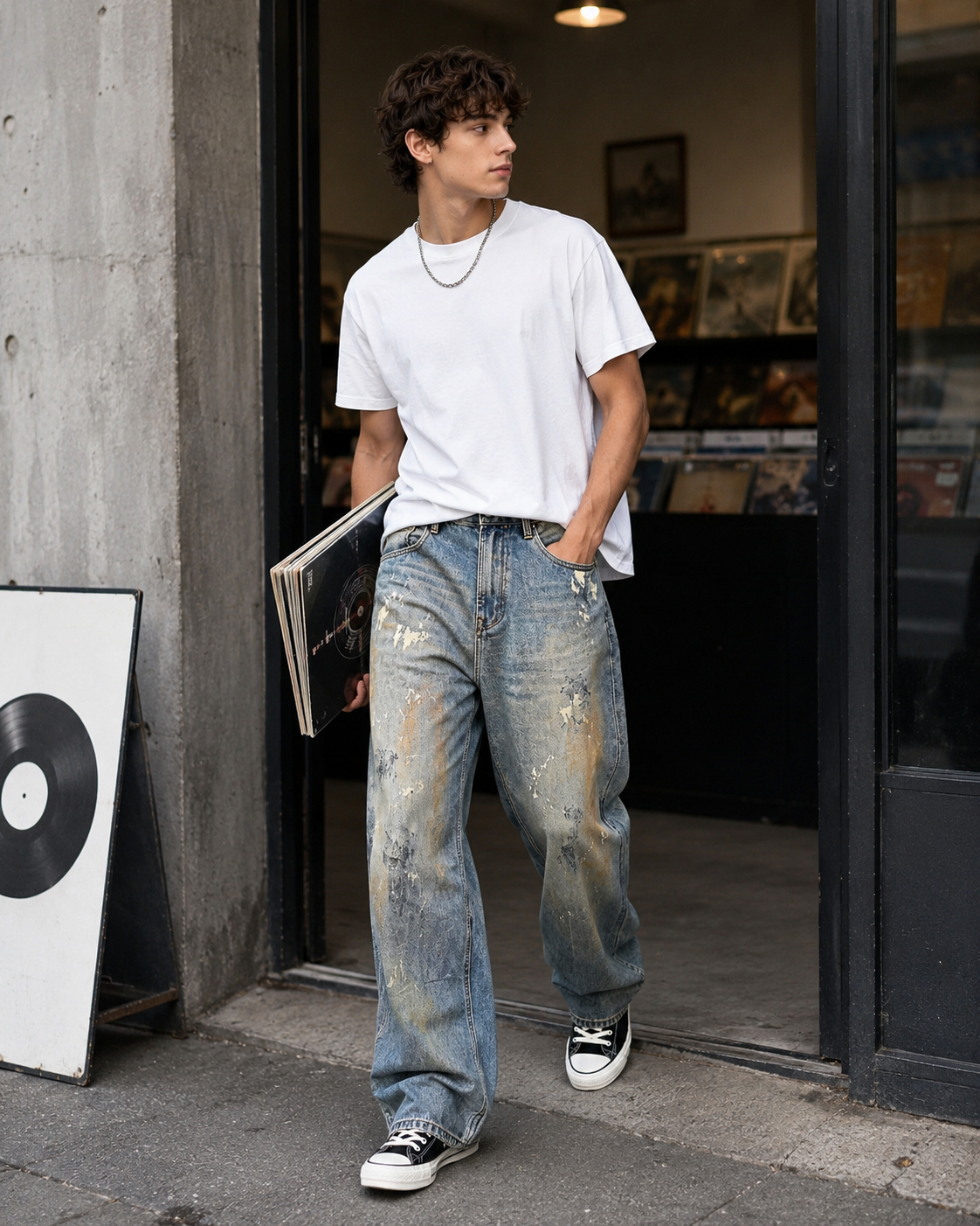 Men's vintage washed baggy straight leg jeans H277 view 5