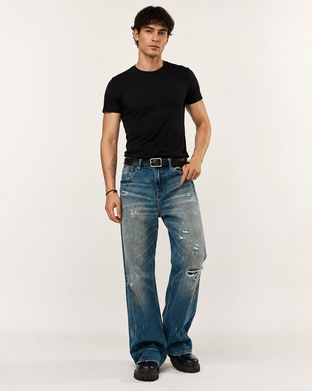 Men's ripped baggy vintage wash jeans H278 view 1