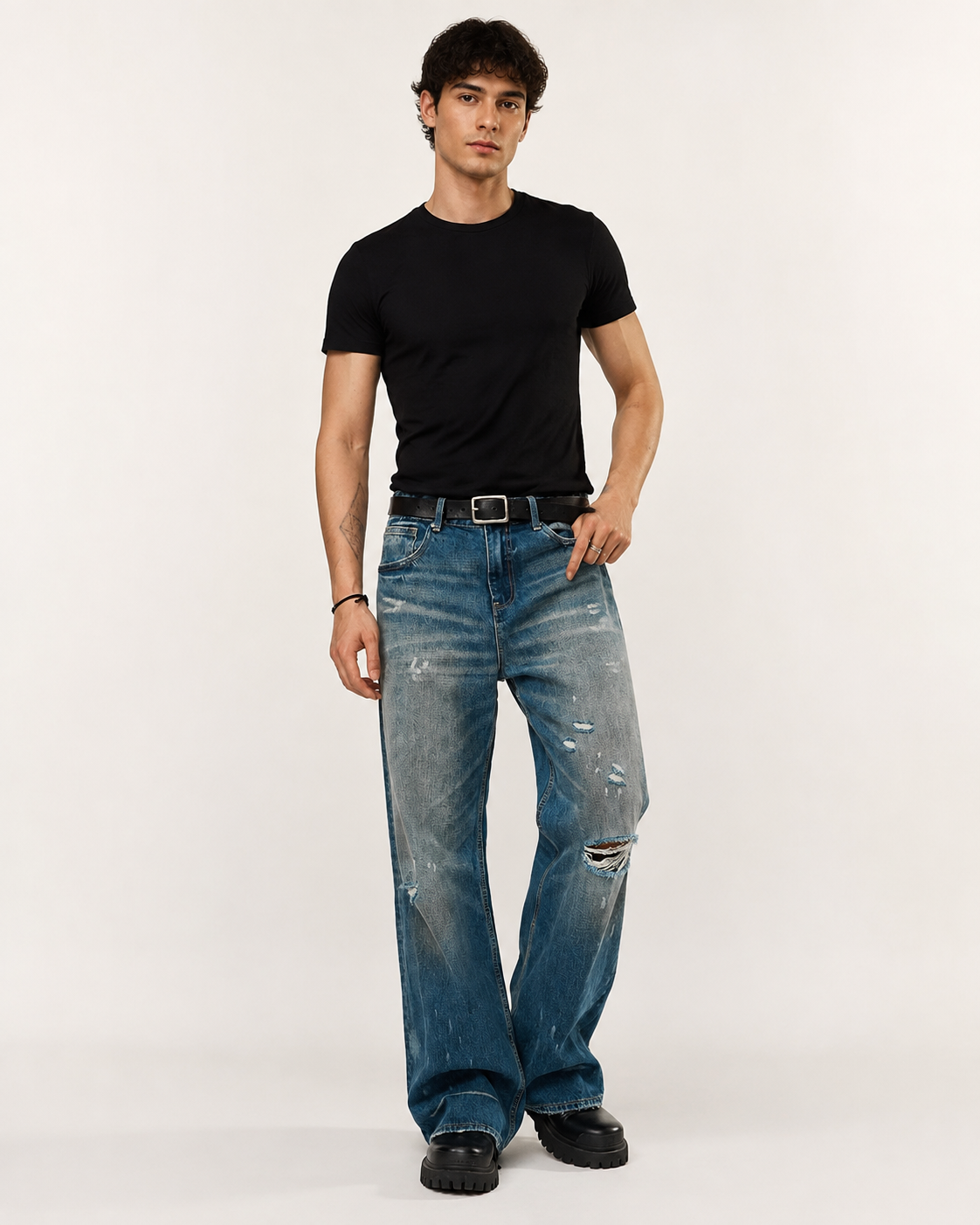 Men's ripped baggy vintage wash jeans H278 view 1