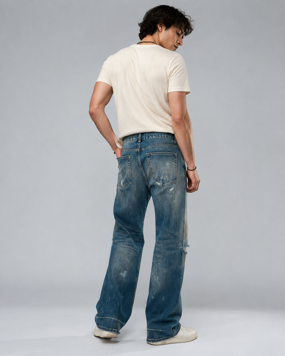 Men's ripped baggy vintage wash jeans H278 view 2