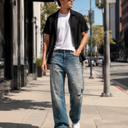 Men's ripped baggy vintage wash jeans H278 view 3