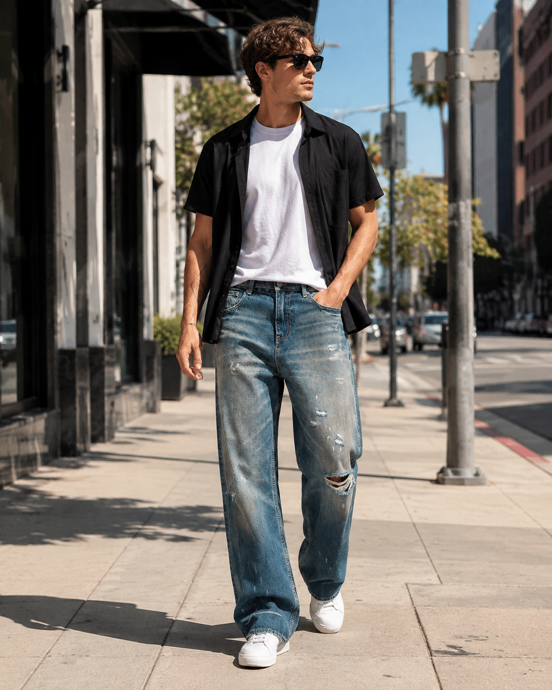 Men's ripped baggy vintage wash jeans H278 view 3