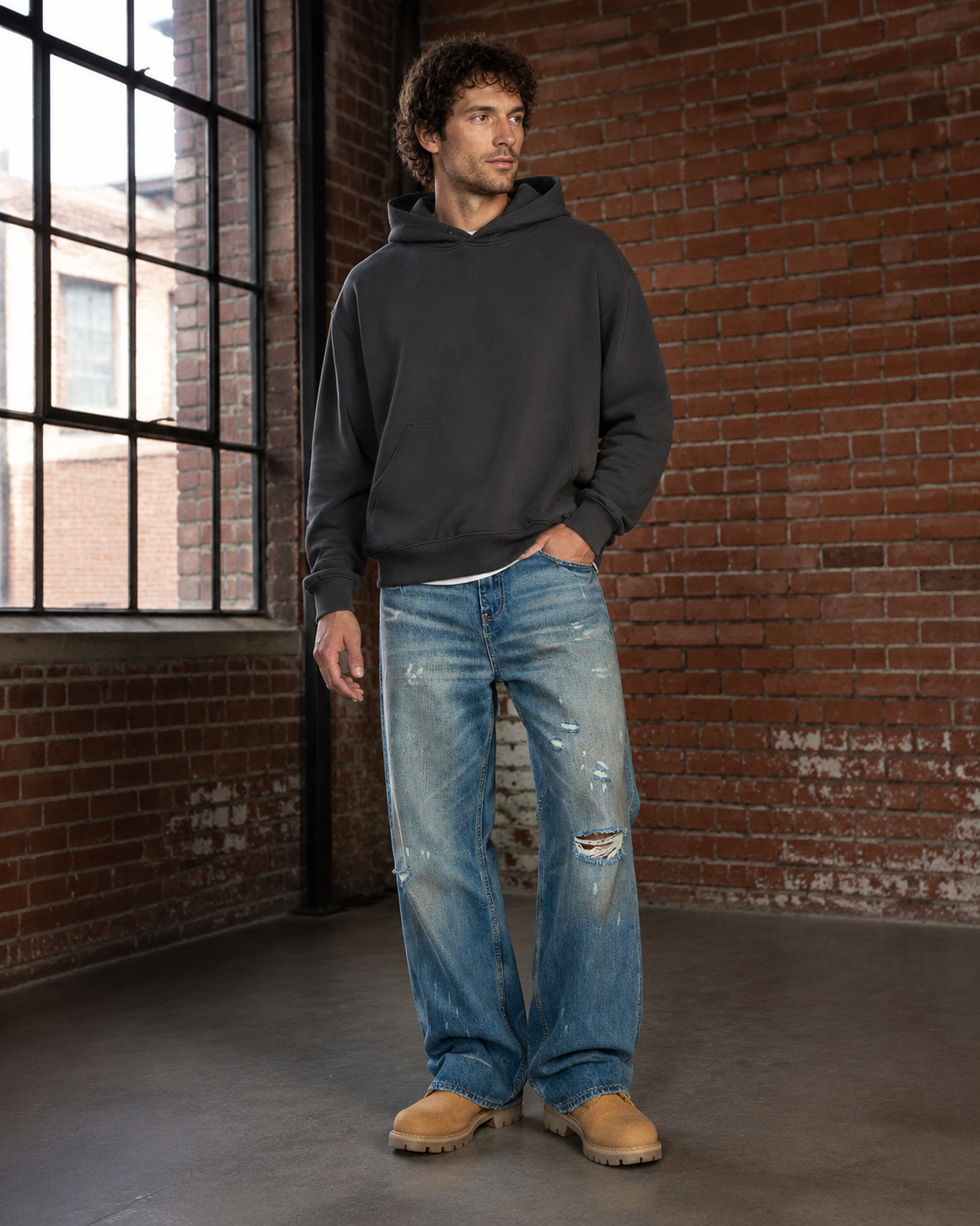 Men's ripped baggy vintage wash jeans H278 view 4