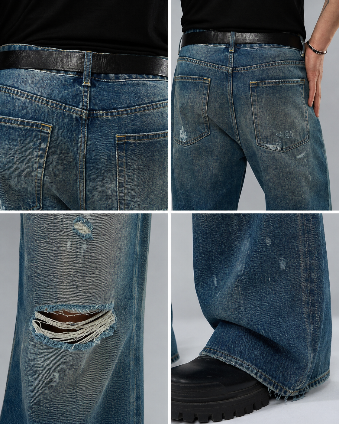 Men's ripped baggy vintage wash jeans H278 view 5