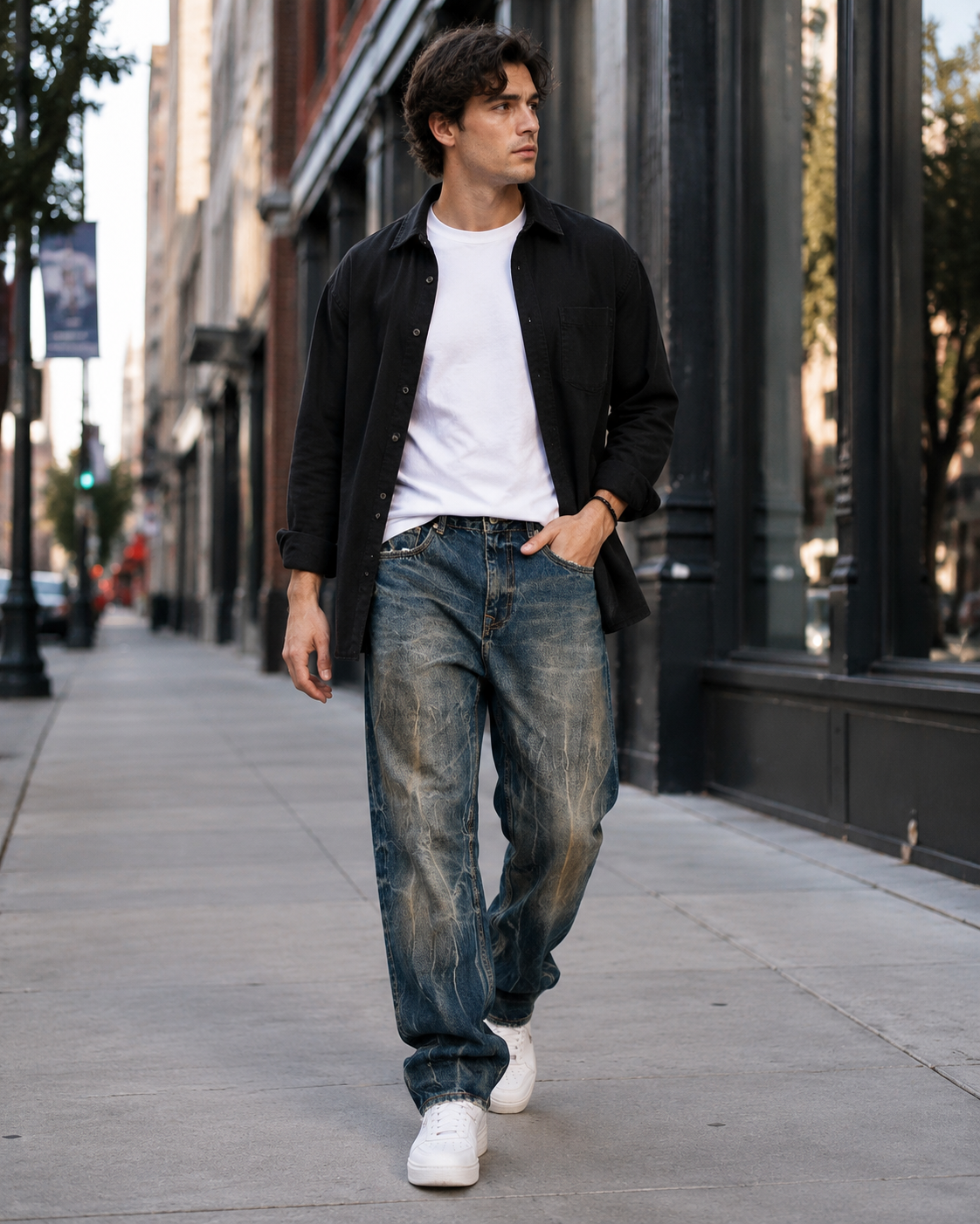 Men's gradient wash elastic waist baggy jeans H279 view 4