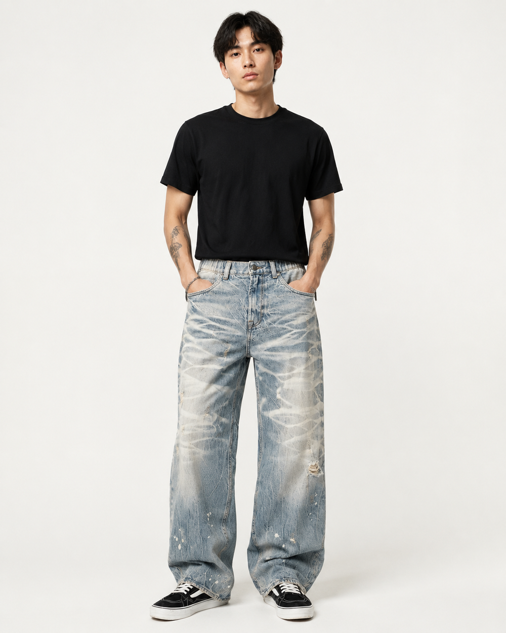 Men's light wash distressed baggy jeans H280 view 1
