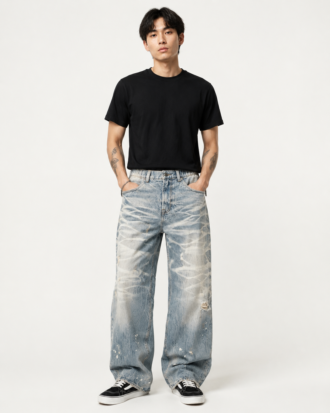 Men's light wash distressed baggy jeans H280 view 1