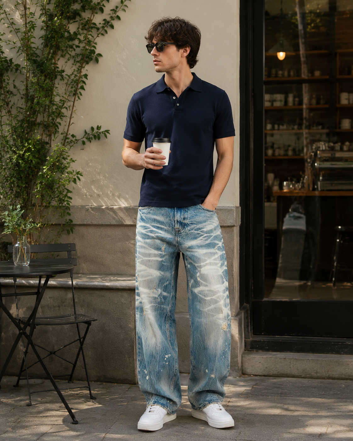 Men's light wash distressed baggy jeans H280 view 5