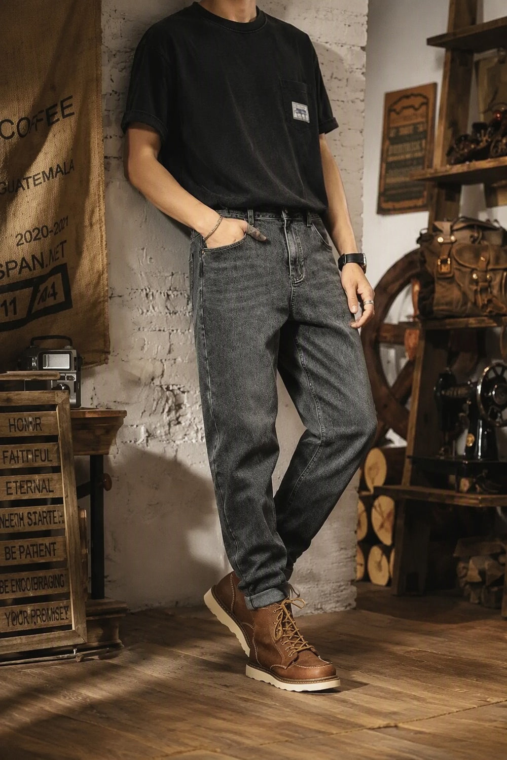 Men's trendy high-street straight-leg jeans—versatile, non-stretch style-H217
