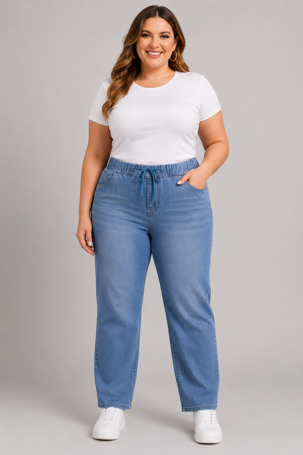 Women's Plus Size Elastic-Waist Straight-Leg Jeans view 1