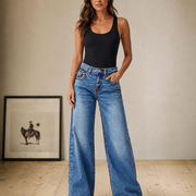 T255 women's high-waisted wide-leg jeans front studio view