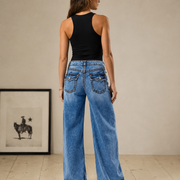 T255 women's high-waisted wide-leg jeans back studio view