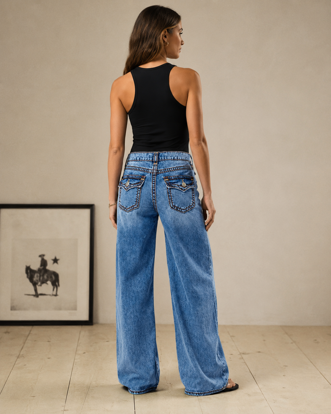 T255 women's high-waisted wide-leg jeans back studio view