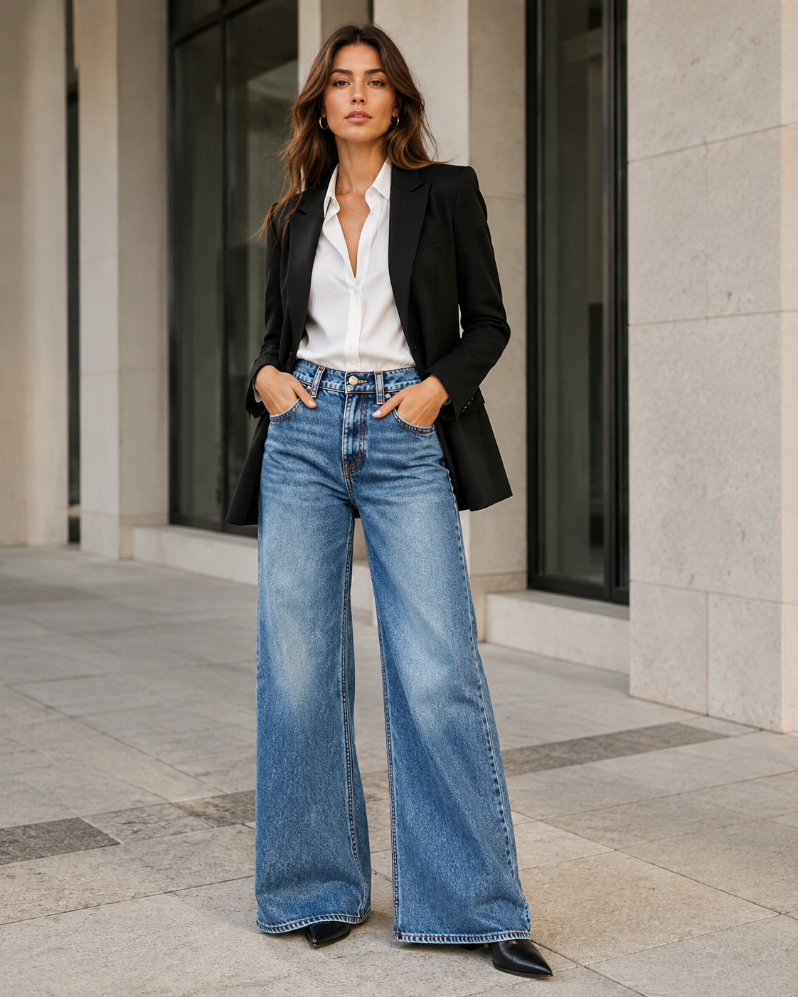 T255 women's wide-leg jeans smart commute outfit