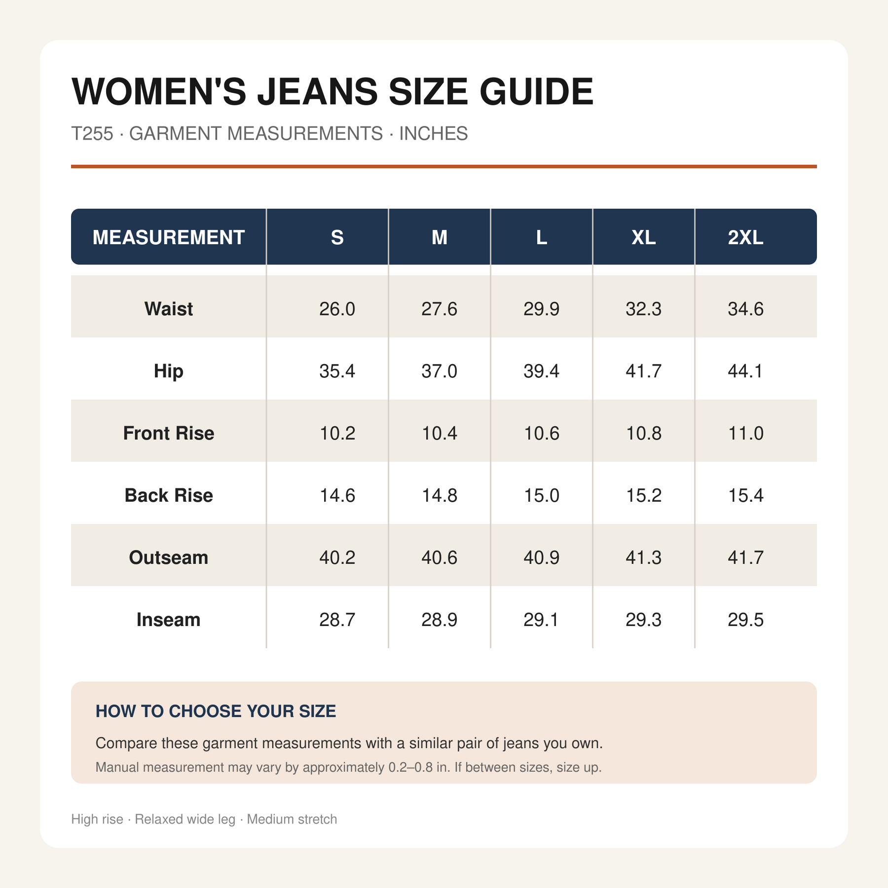 T255 women's jeans size chart in inches