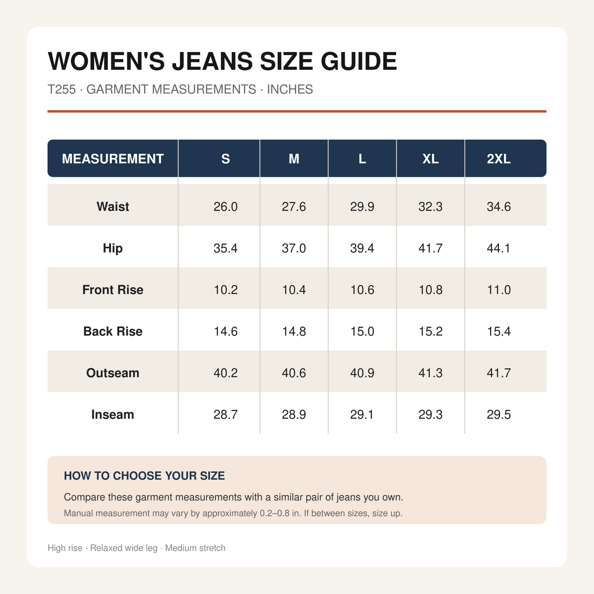 T255 women's jeans size chart in inches