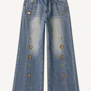 Women's high-waisted grommet flare jeans front view
