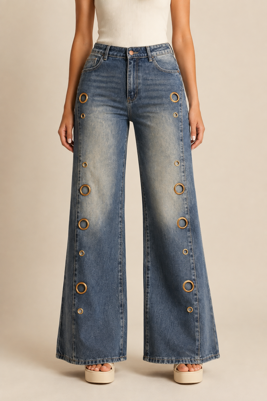 Women's grommet flare jeans front fit