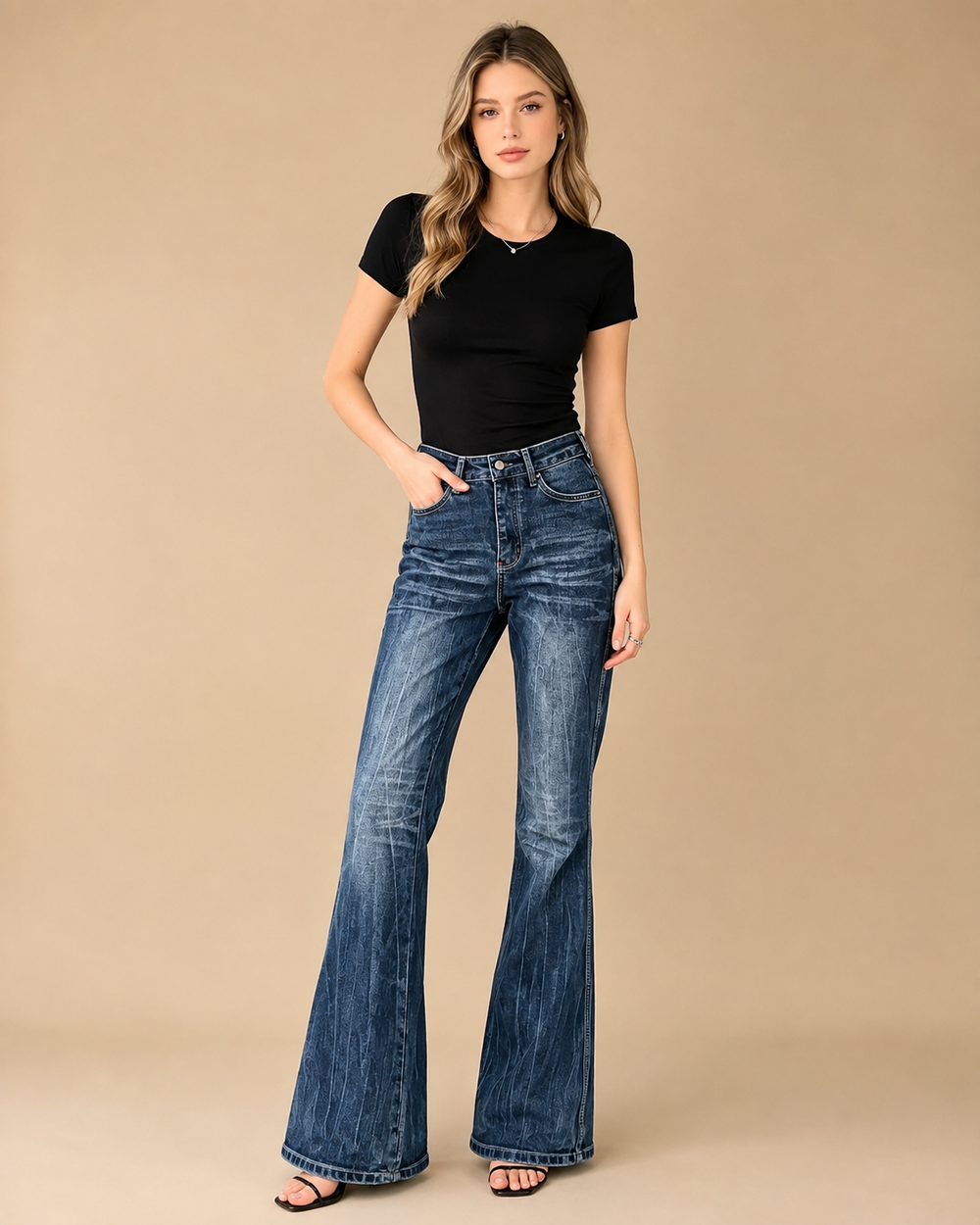 T349 women's jeans full-body outfit 1