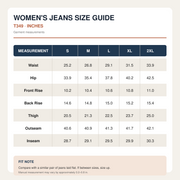 T349 women's jeans size chart in inches