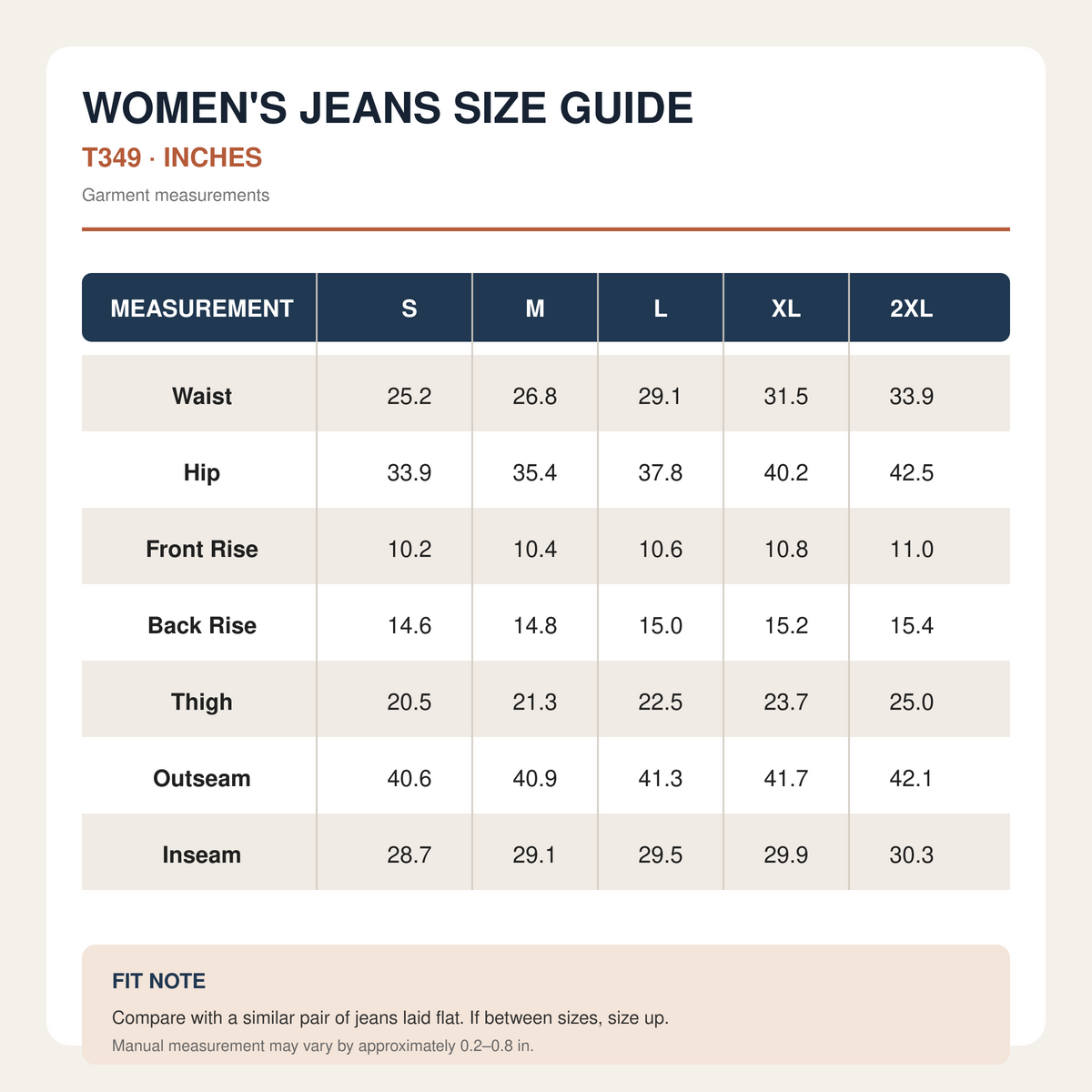 T349 women's jeans size chart in inches