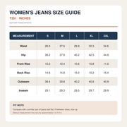 T351 women's jeans size chart in inches