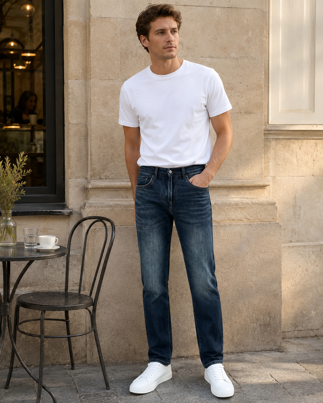 H275 men's dark wash jeans European lifestyle