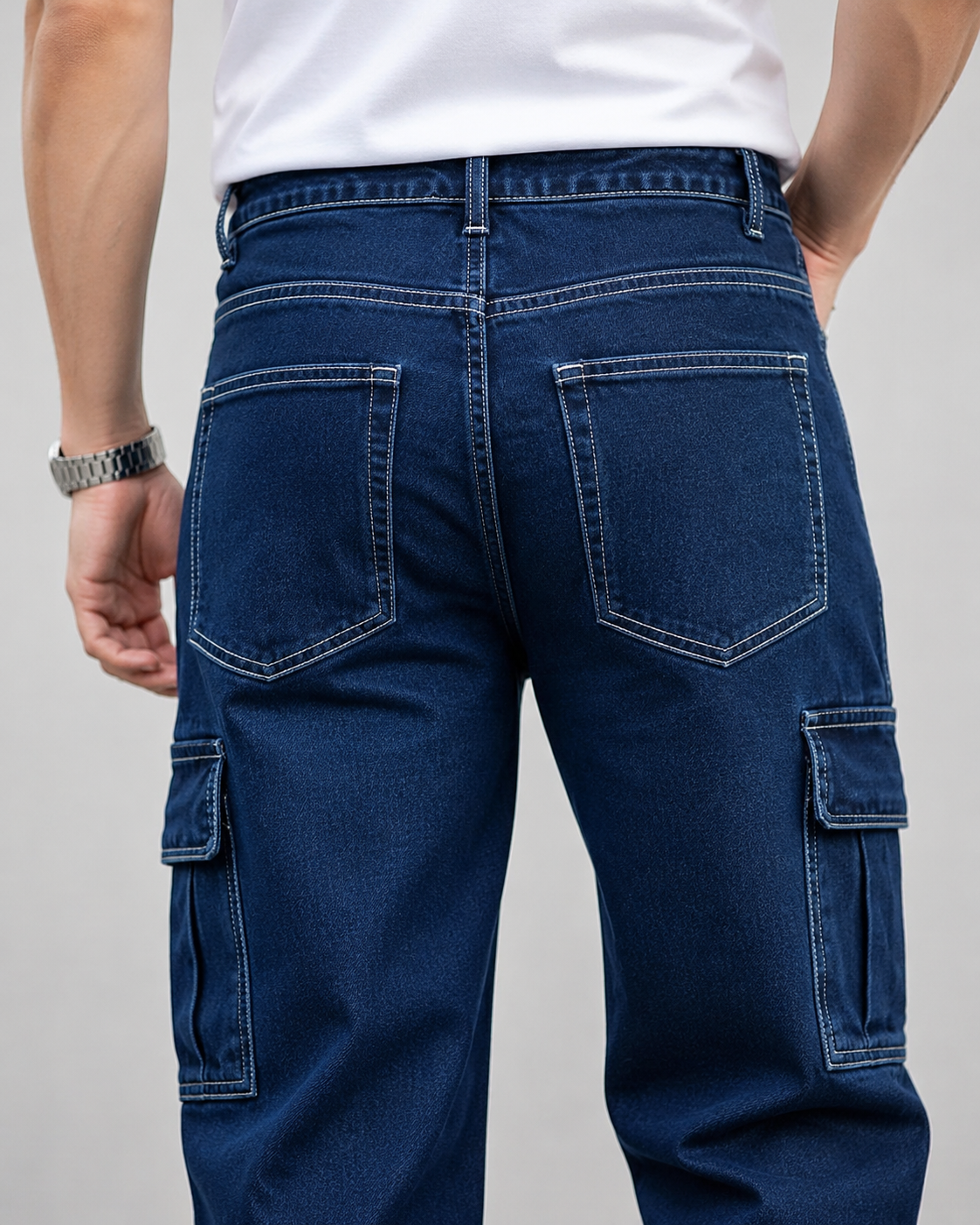 H411 dark denim back pocket detail